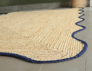 Handmade Scalloped Jute Rug with Blue Border Handwoven Wavy Natural jute Area Rug