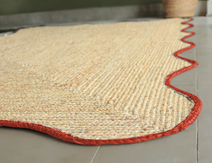 Handmade Scalloped  Jute Area Rug with Terracotta  Red Trim