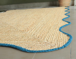 Handmade Scalloped Jute Rug with Light Blue Border Handwoven Wavy Natural Jute Area Rug