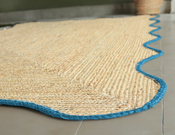 Handmade Scalloped Jute Rug with Light Blue Border Handwoven Wavy Natural Jute Area Rug