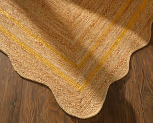 Handwoven Natural Jute Scalloped Rug with Mustard Border Handmade Braided Eco-Friendly Area Rug