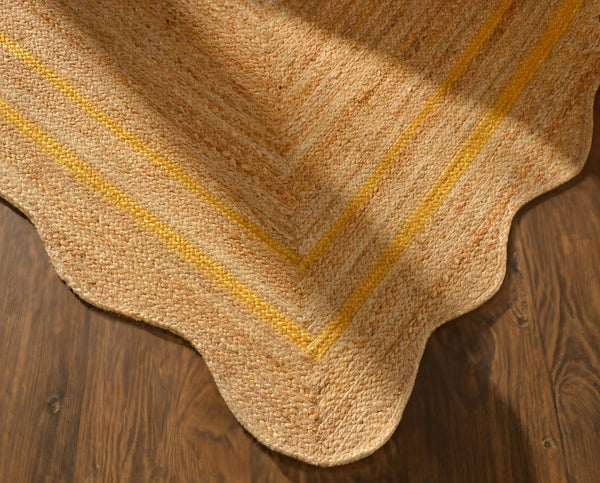 Handwoven Natural Jute Scalloped Rug with Mustard Border Handmade Braided Eco-Friendly Area Rug