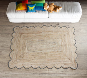 Handmade Scalloped Jute Area Rug with Jet Black Trim Natural Braided Fiber Bordered