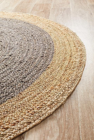 Natural Jute & Charcoal Round Area Rug – Handmade Boho Modern Home Decor
