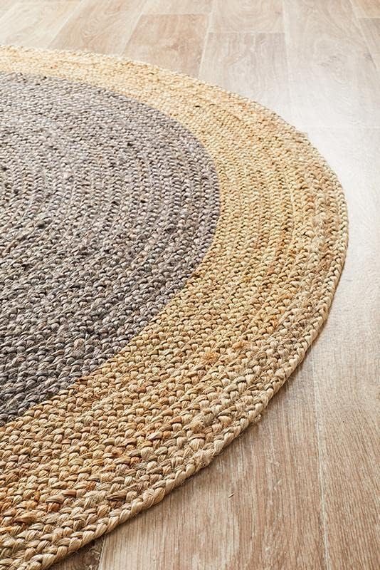 Natural Jute & Charcoal Round Area Rug – Handmade Boho Modern Home Decor