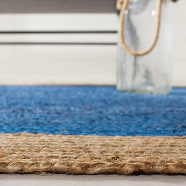 Handwoven Round Jute Rug with Blue Center | Natural Braided Area Rug | Coastal Boho Living Room Rug