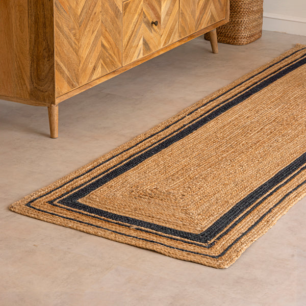 Handwoven Jute Braided Rug with Black Border - Natural Boho Farmhouse Area Rug