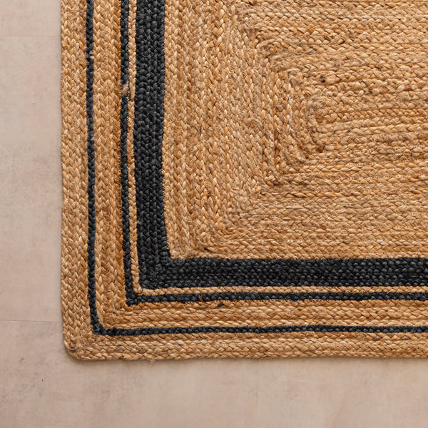 Handwoven Jute Braided Rug with Black Border - Natural Boho Farmhouse Area Rug