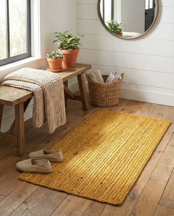 Natural Fiber Yellow Runner Rugs Features Thick Braided Textures and Vibrant Mustard