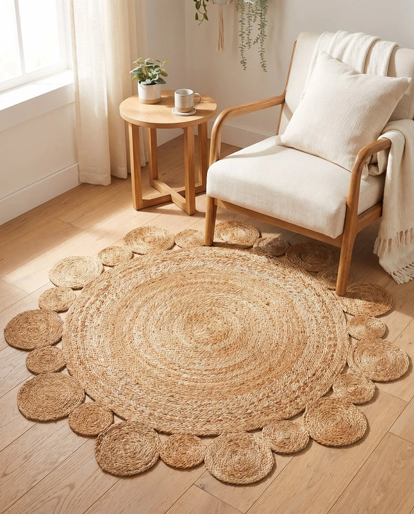 Handwoven round natural jute rug with a circular scalloped border on light wood floors next to a cream armchair