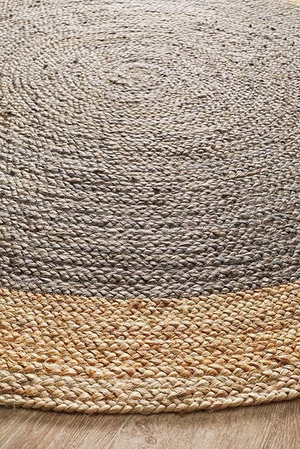 Natural Jute & Charcoal Round Area Rug – Handmade Boho Modern Home Decor