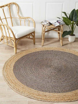 Natural Jute & Charcoal Round Area Rug – Handmade Boho Modern Home Decor
