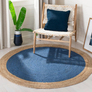 Handwoven Round Jute Rug with Blue Center | Natural Braided Area Rug | Coastal Boho Living Room Rug