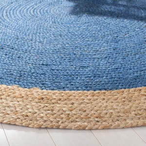Handwoven Round Jute Rug with Blue Center | Natural Braided Area Rug | Coastal Boho Living Room Rug