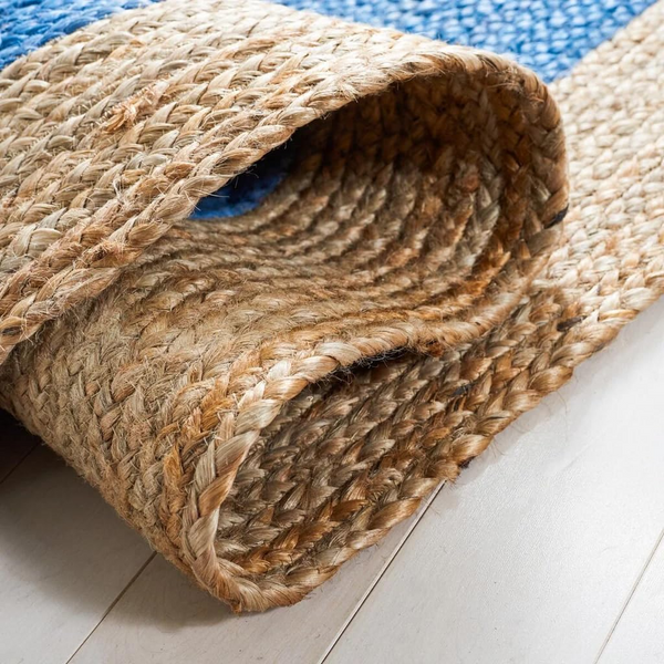 Handwoven Round Jute Rug with Blue Center | Natural Braided Area Rug | Coastal Boho Living Room Rug