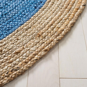 Handwoven Round Jute Rug with Blue Center | Natural Braided Area Rug | Coastal Boho Living Room Rug