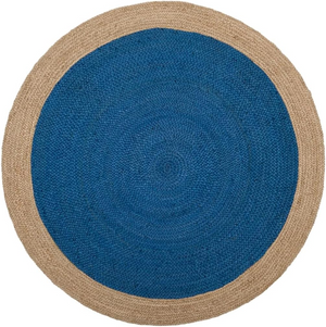 Handwoven Round Jute Rug with Blue Center | Natural Braided Area Rug | Coastal Boho Living Room Rug