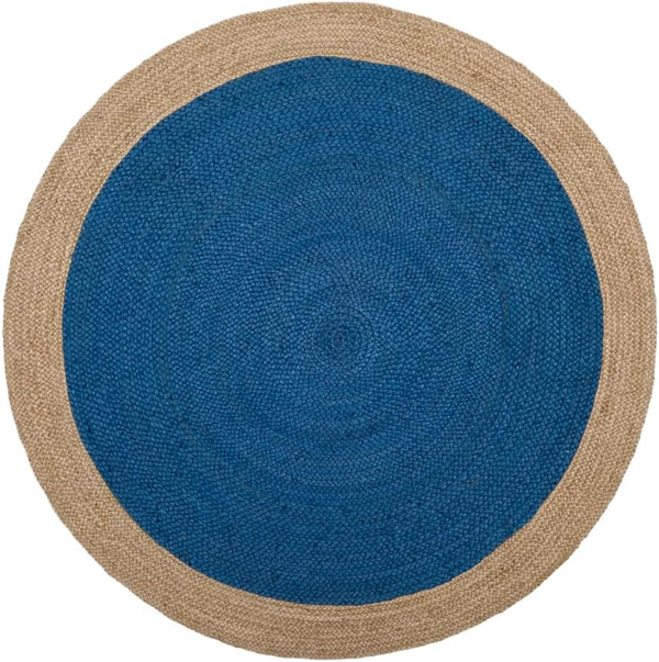 Handwoven Round Jute Rug with Blue Center | Natural Braided Area Rug | Coastal Boho Living Room Rug