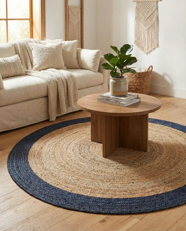 Navy Blue Round Area Rug – Modern Boho Accent for Living Room