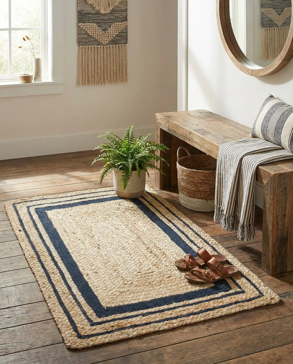 Natural woven jute rug with a navy blue double-border design, styled on a rustic wooden floor beside a wooden bench, striped throw blanket, and green potted fern.