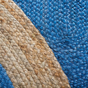 Handwoven Round Jute Rug with Blue Center | Natural Braided Area Rug | Coastal Boho Living Room Rug