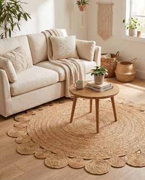 Handwoven round natural jute rug with a circular scalloped border on light wood floors next to a cream armchair