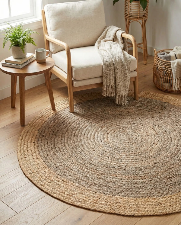 Natural Jute and Grey Braided Round Area Rug - Two- Tone Circular Accent Mat
