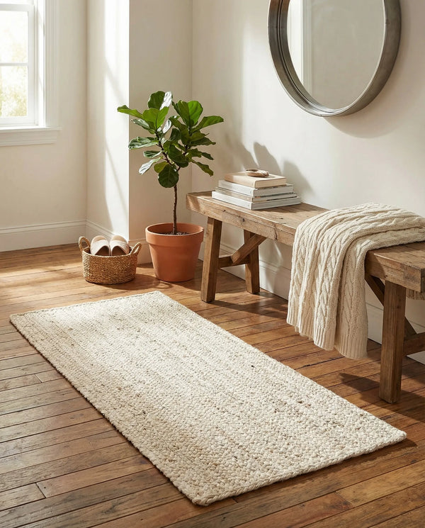 "Handwoven cream and natural jute runner rug laid on a light oak wooden floor in a brightly lit room next to a wooden bench and potted fiddle leaf fig plant."