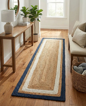 Natural jute runner rug with ivory and navy blue borders styled in a bright modern hallway with wooden flooring and neutral furniture