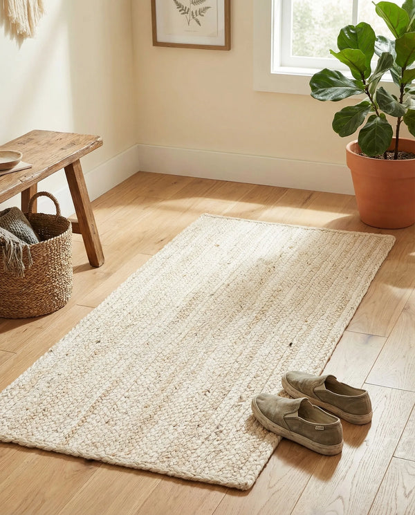 "Handwoven cream and natural jute runner rug laid on a light oak wooden floor in a brightly lit room next to a wooden bench and potted fiddle leaf fig plant."