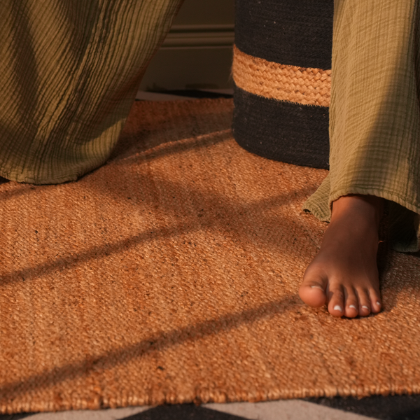 Rustic Striped Kilim-inspired Wool-Jute RugHandcrained Flatweave with Traditional indian Geometric Pattern