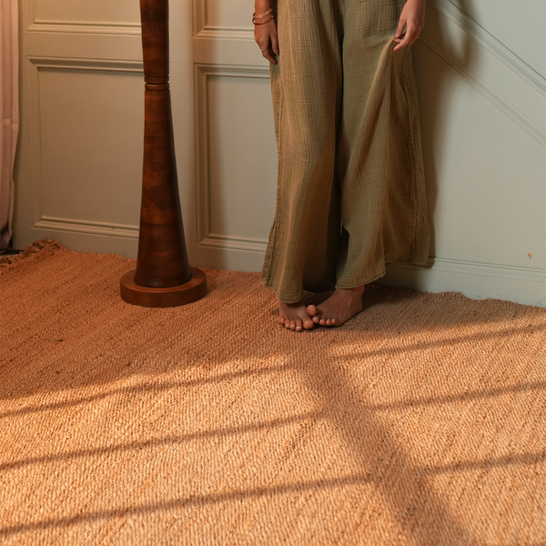 Handwoven Hemp Runner Rug with Striped Accents - Coastal Minimalist Flatweave