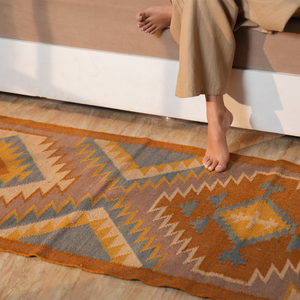 Rustic Striped Kilim-Inspired Wool-Jute Rug – Handcrafted Flatweave with Traditional Indian Geometric Pattern