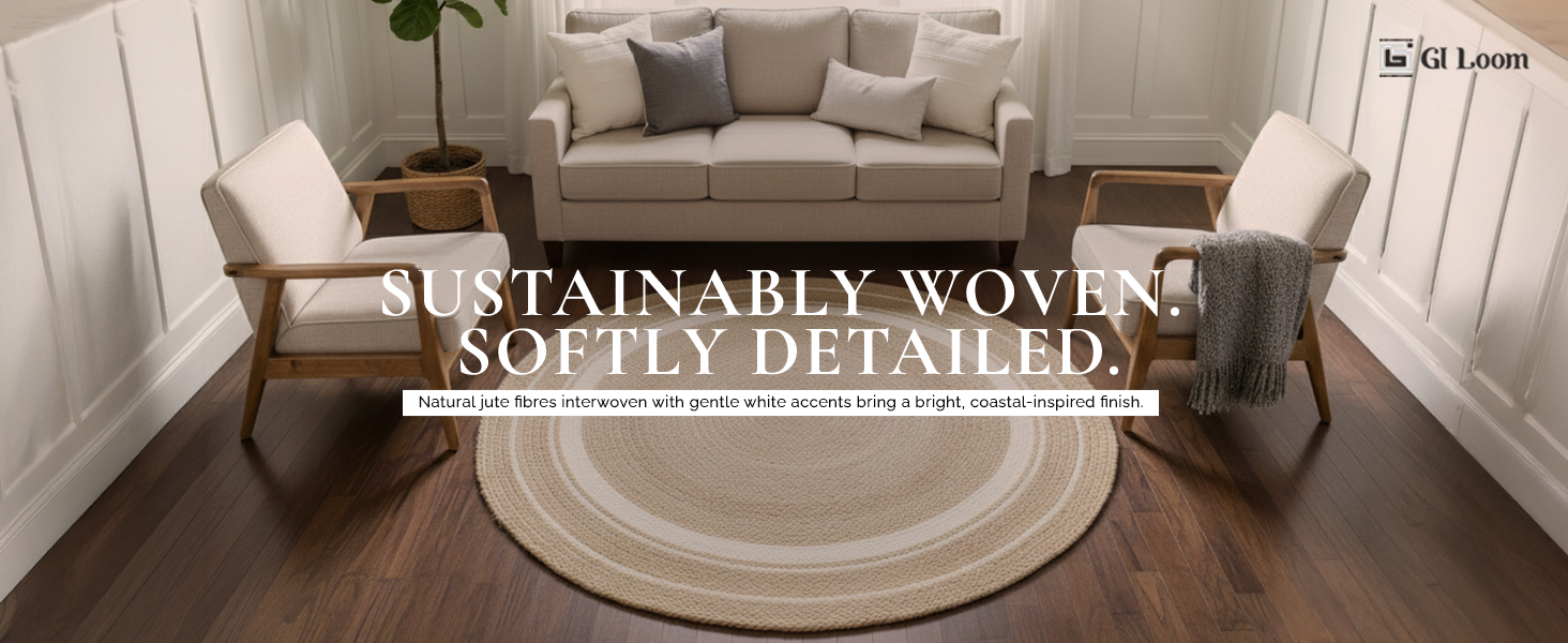 Round Jute Rug with White AccentsHandbraided Boho Chic Decor - a1
