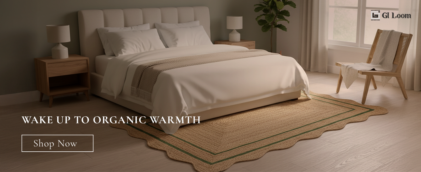 Handwoven Jute Rug with White Scalloped Border - a1