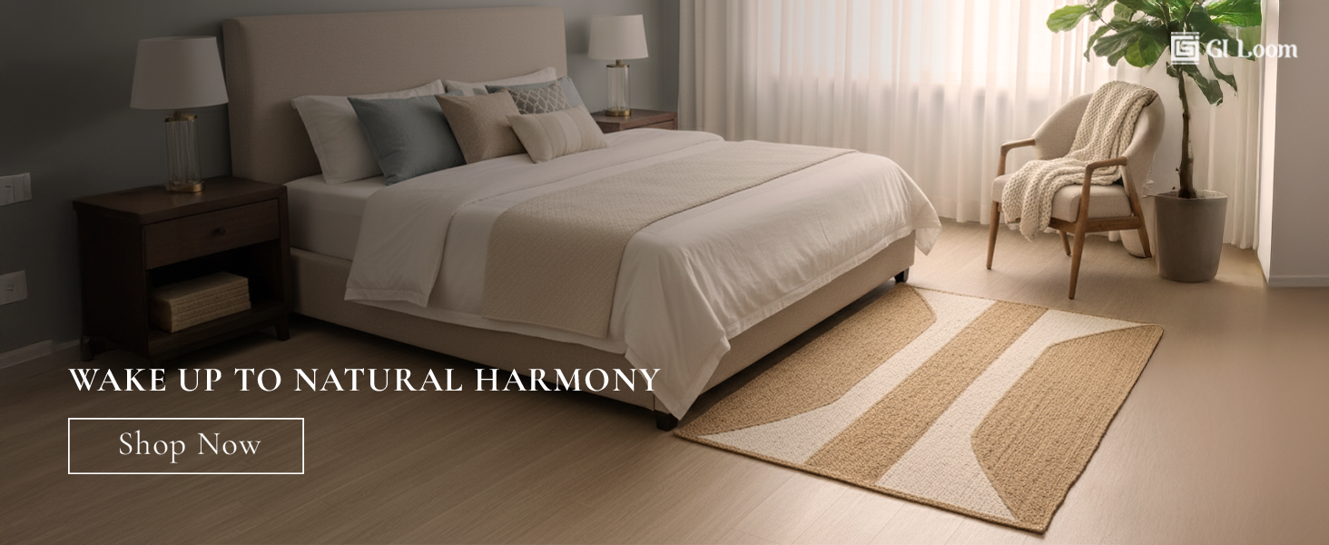 Handcrained Hemp Rug with Natural Curved Stripes - Organic Elegance - a1