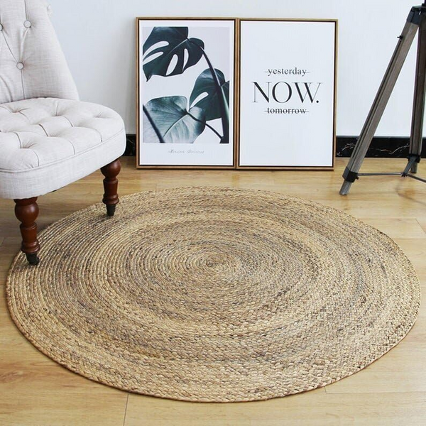 Handmade Round Natural Jute Area Rug - Braided Chunky Boho Circle Floor Mat