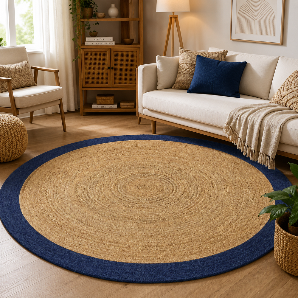 Natural Jute Round Rug with Navy Blue Border Handwoven Braided Area Rug