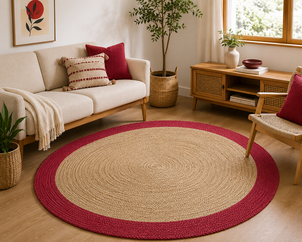 Modern Bohemian Living Room with Warm Orange and Neutral Jute Accents