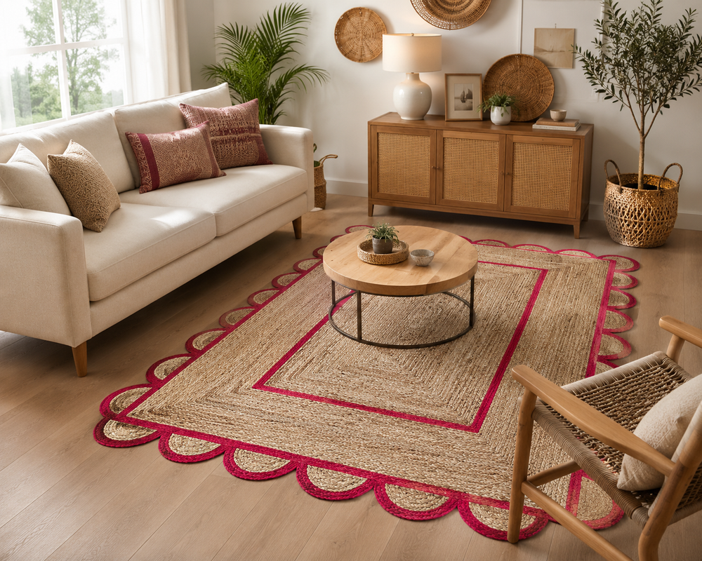 Handmade natural jute scalloped area rug with vibrant pink border in a modern boho living room