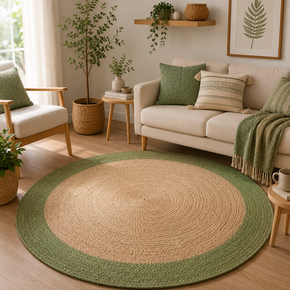 Round Natural Jute Rug with Green Border Handwoven Braided Area Rug Boho Farmhouse Rug