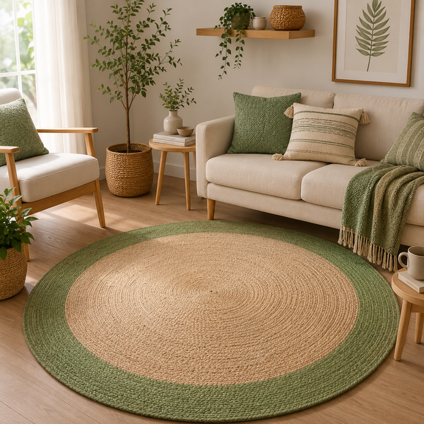 Round Natural Jute Rug with Green Border Handwoven Braided Area Rug Boho Farmhouse Rug