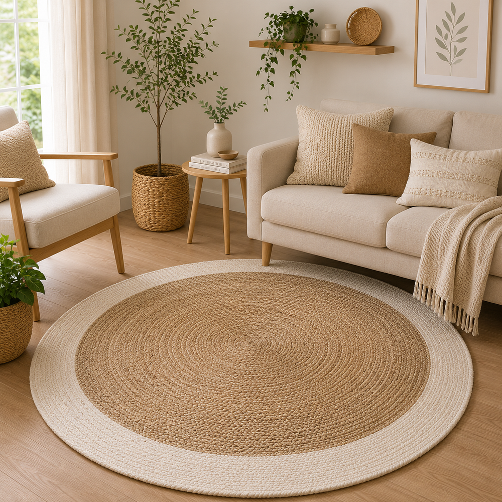 Round Natural Jute Rug with Ivory Border Handwoven Braided Area Rug
