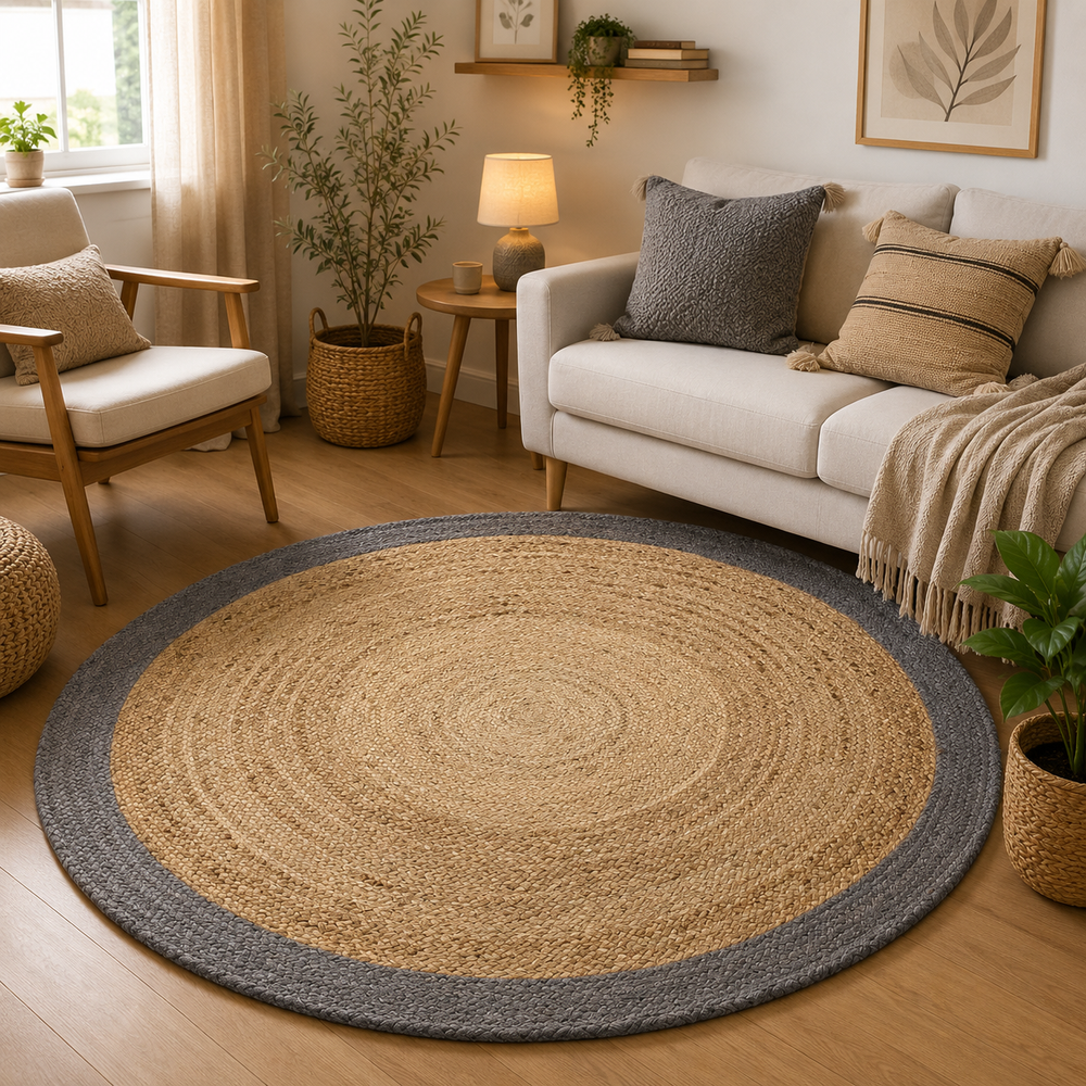 Round natural jute rug with gray border for living room decor