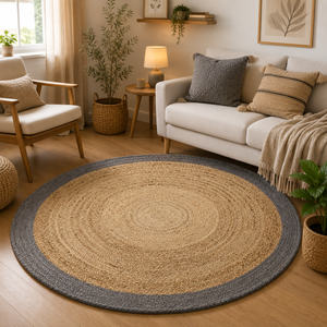 Round natural jute rug with gray border for living room decor