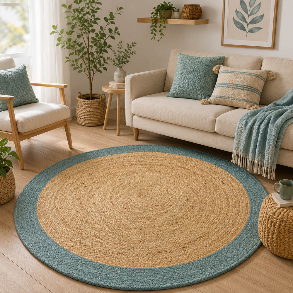 Round Natural Jute Rug with Teal Blue Border Handwoven Braided Area Rug
