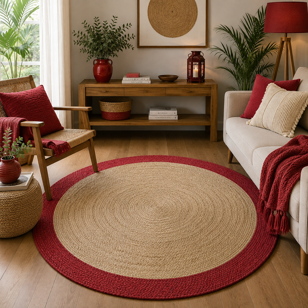 Handwoven Round Jute Rug with Burgundy Border Natural Braided Jute Area Rug