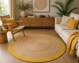 Handwoven Round Jute Rug with Yellow Border Natural Braided Area Rug