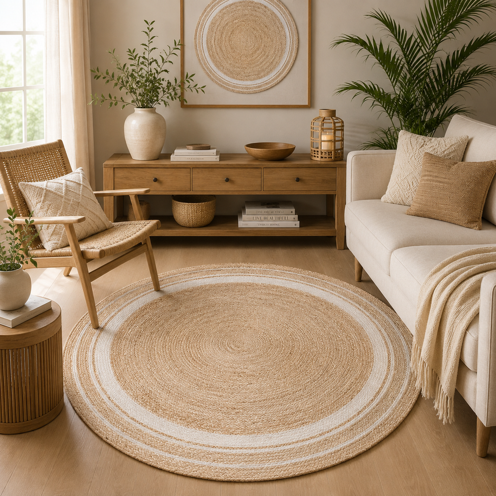 Handwoven Round Jute Rug with White Border Natural Boho Area Rug