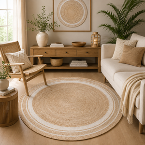 Handwoven Round Jute Rug with White Border Natural Boho Area Rug